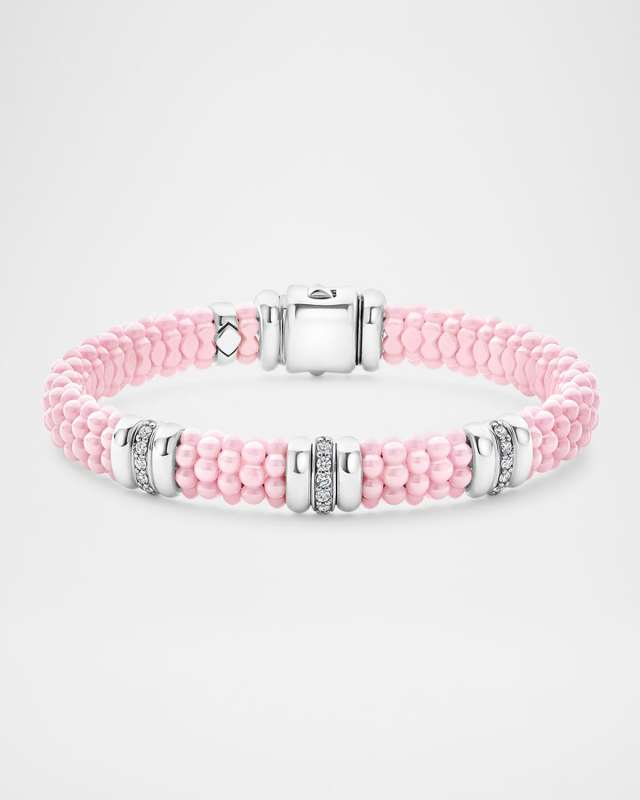 Sterling Silver and 18K Gold Three Station Diamond Pink Ceramic Caviar Bracelet, 9mm